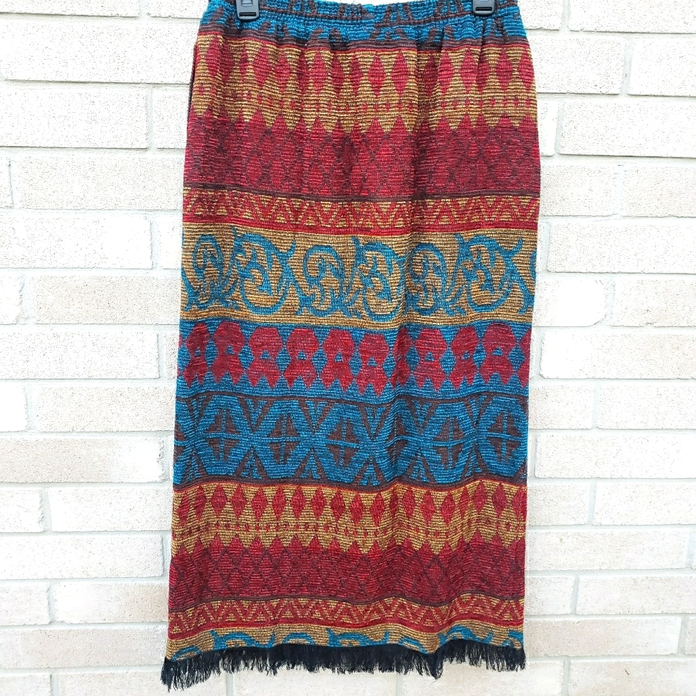Vintage boho fringe tapestry western aztec skirt